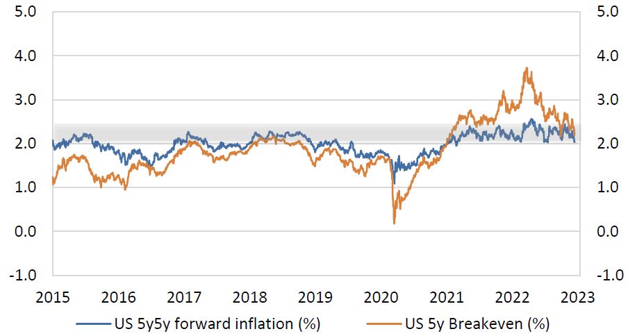 Chart 4: Inflation expectations have collapsed to be lower than the Fed’s target (in grey).